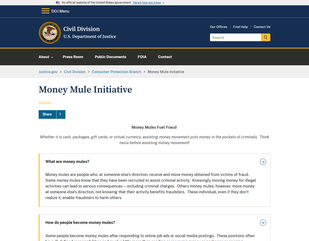 US Department of Justice Money Mule Initiative page with the answer to What are money mules? expanded