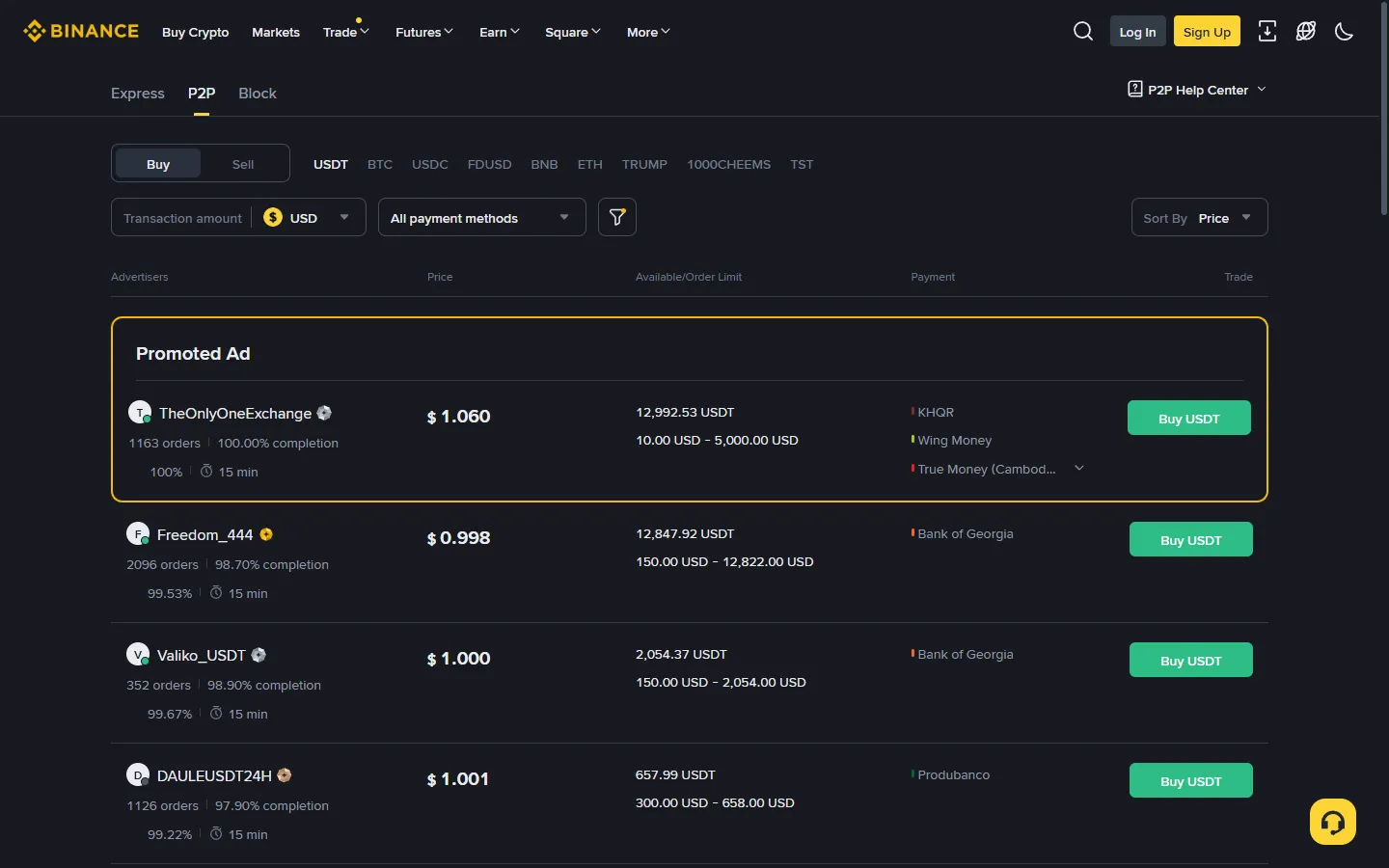 Screenshot of the Binance P2P merchant list showing prices, order counts, and limits