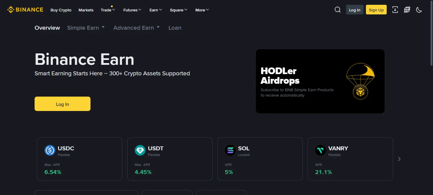 Screenshot of the Binance Simple Earn overview page showing Flexible and Locked products with reference APRs for several coins