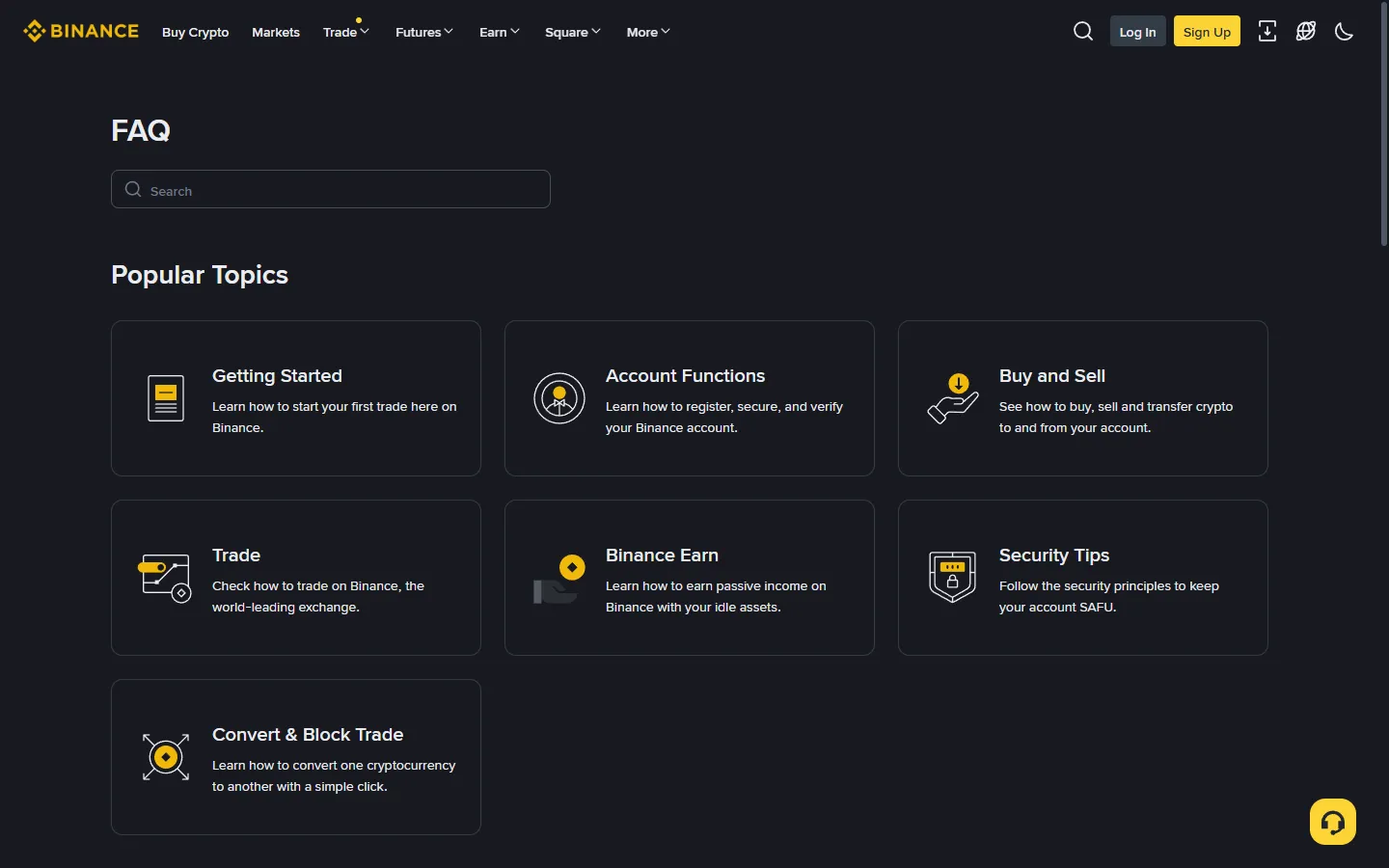 Screenshot of the Binance Help Center FAQ category page
