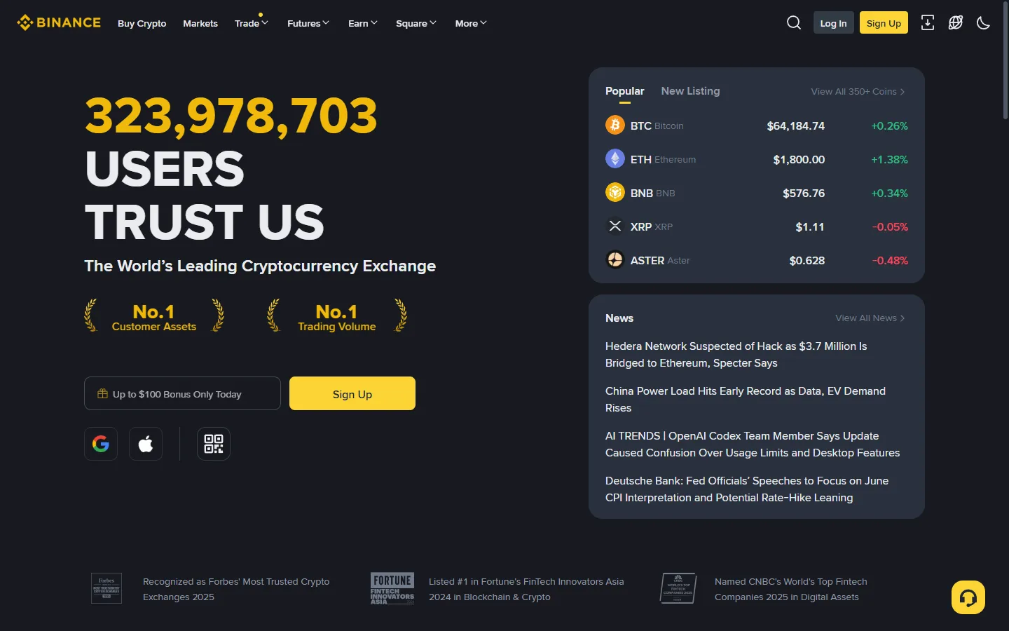 Screenshot of the Binance homepage