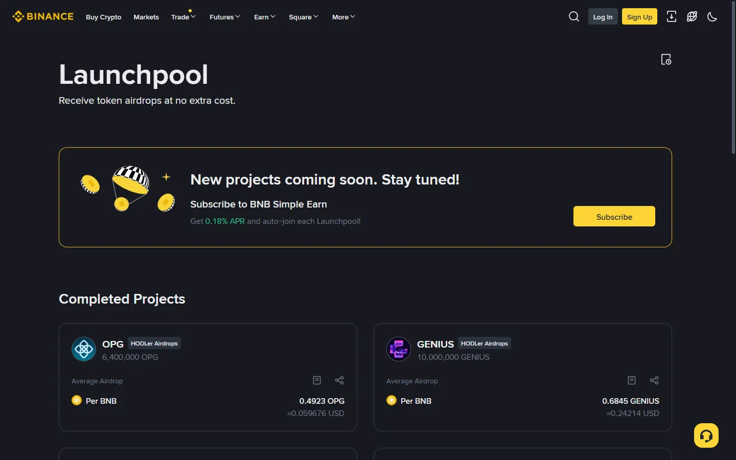 Screenshot of the Binance Launchpool page showing past projects and their airdrop rewards