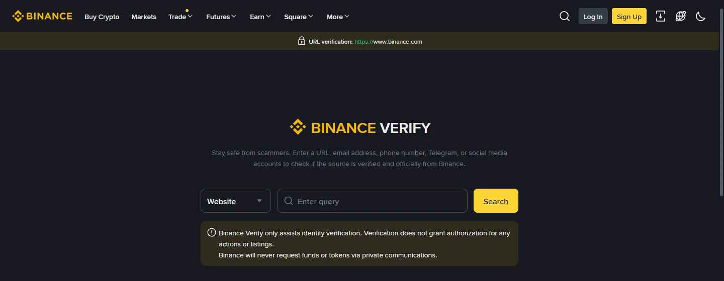 Screenshot of the Binance Verify page for checking whether a URL, email, or social account is official