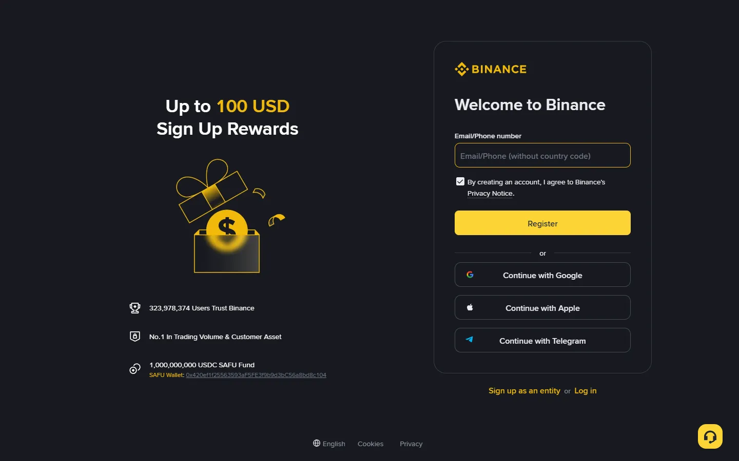 Binance sign-up page showing the phone number and verification code fields