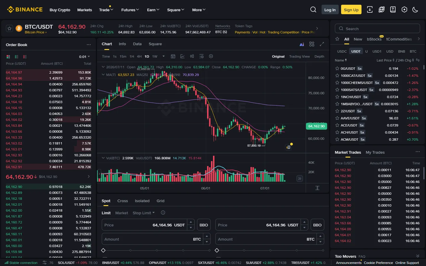 Screenshot of the Binance spot trading screen with the order book, candlestick chart, and order panel