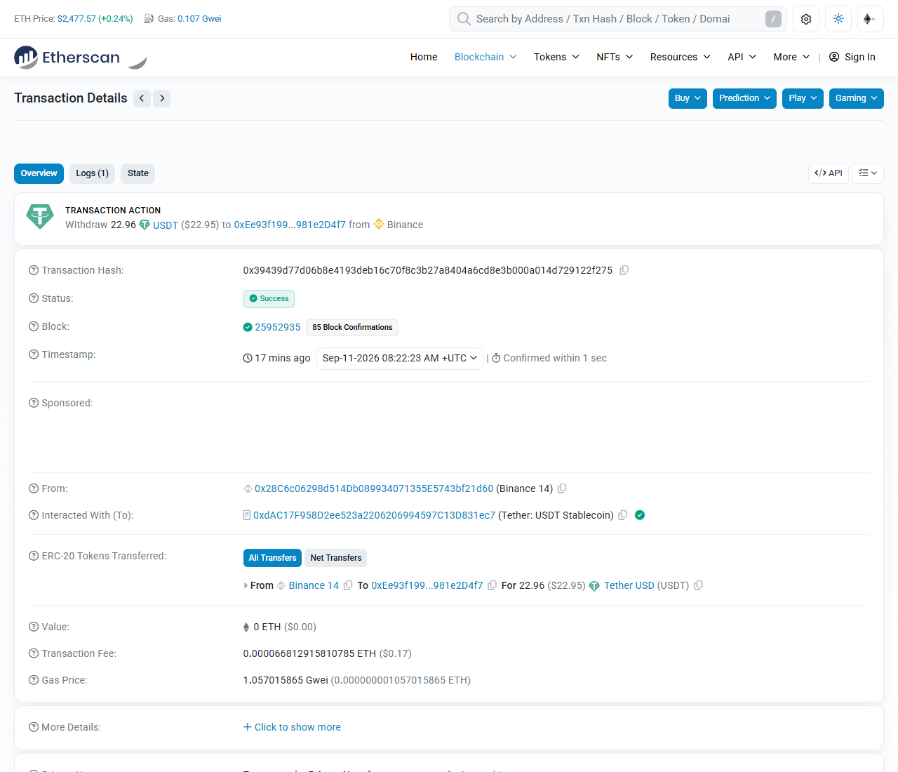 Etherscan transaction page: 22.96 USDT withdrawn from Binance 14 to an unlabeled 0xEe93 address, status Success, block 25952935 with 85 block confirmations