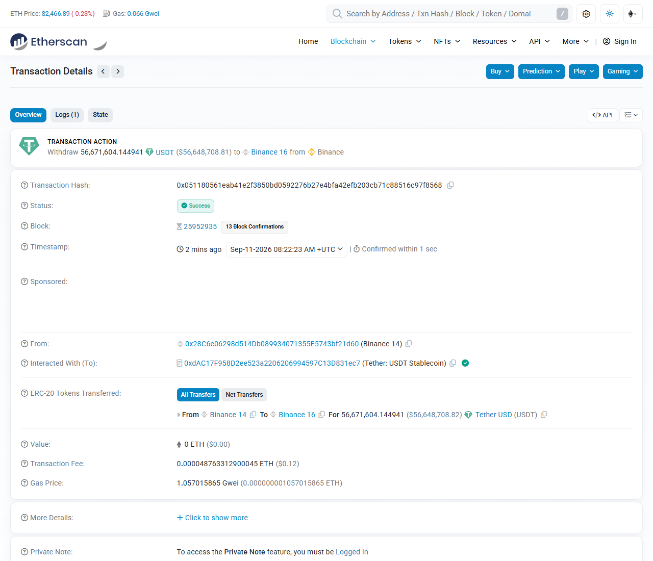 Etherscan 交易详情页：一笔 56,671,604 USDT 从 Binance 14 转到 Binance 16，状态 Success，区块 25952935，显示 13 Block Confirmations